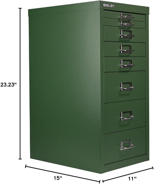 Bisley 8-Drawer Steel MultiDrawer Cabinet - Olive Green | Chrome Pull Handles with Label Holders, Powder-Coated Steel, Removable Drawers, Fits Under Most Desks, Labels Included