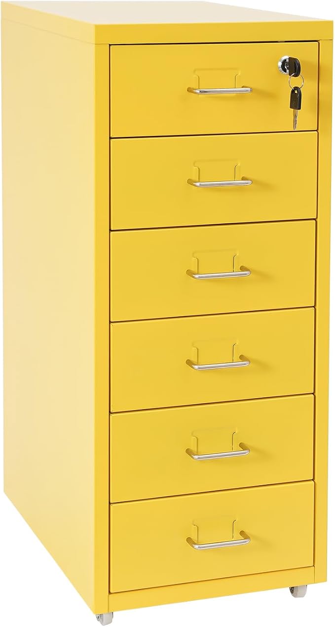 Vertical File Cabinet, 6 Drawers Rolling File Organizer Cabinets with Lock, Heavy Duty Metal Storage Cabinet, Movable Under Desk Filing Cabinet for Office, Study, Dresser (Yellow)