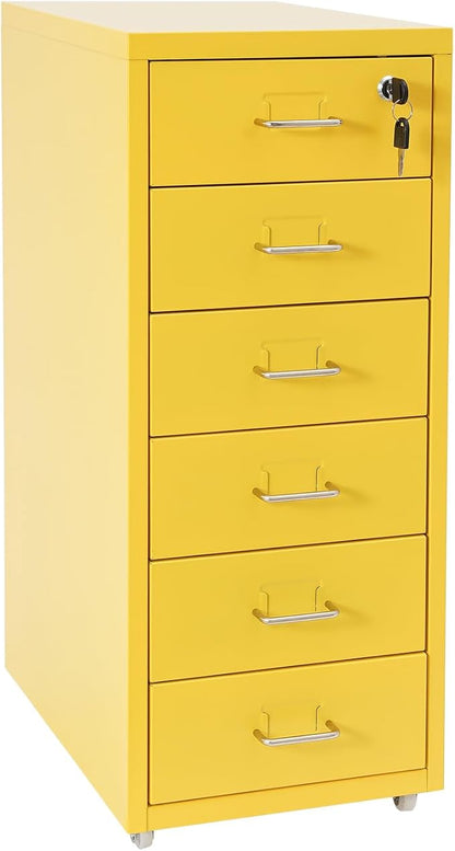Vertical File Cabinet, 6 Drawers Rolling File Organizer Cabinets with Lock, Heavy Duty Metal Storage Cabinet, Movable Under Desk Filing Cabinet for Office, Study, Dresser (Yellow)