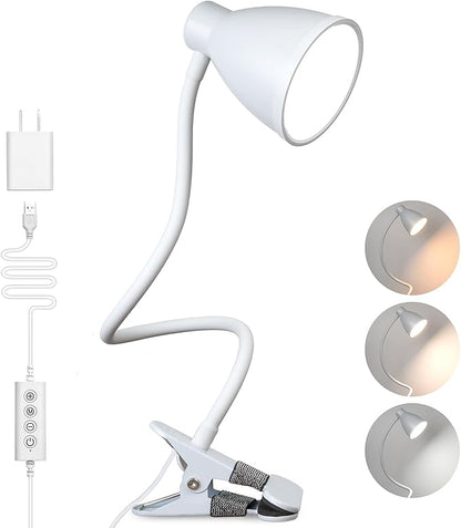BOHON Clamp Lamp 5 Color Modes 10 Brightness Dimmer Bedside Lamp, White | Reading Light 10W 38 LED Desk Lamp with Auto Off Timer 360° Flexible Gooseneck Clip on Light for Bed Office, Adapter Include