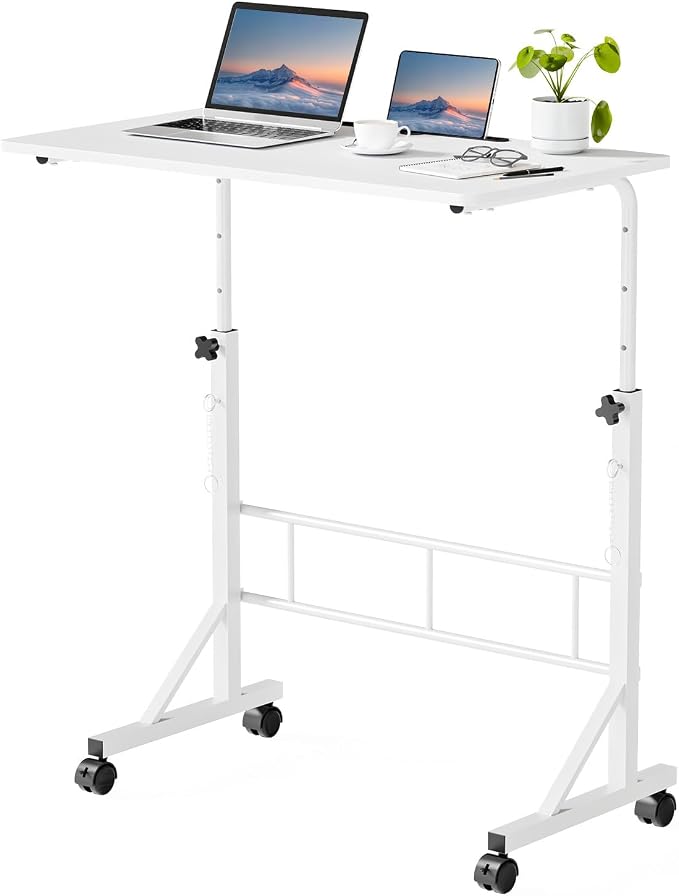 DUMOS 31.5" Walking Pad Desk, Portable Adjustable Height Rolling Laptop Desk with Lockable Wheels, Mobile Stand Up Computer Workstation for Treadmill Home Office White