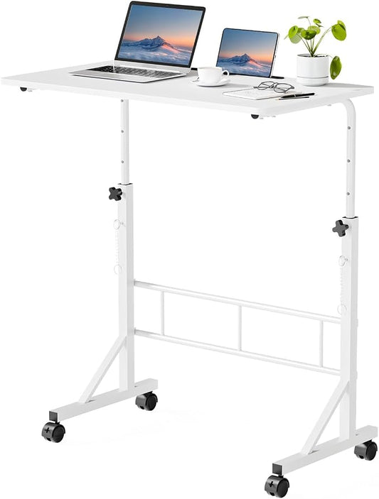 DUMOS 31.5" Walking Pad Desk, Portable Adjustable Height Rolling Laptop Desk with Lockable Wheels, Mobile Stand Up Computer Workstation for Treadmill Home Office White