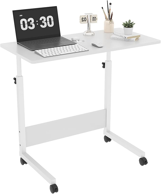 VINGLI Portable Computer Workstation, Standing Desk Adjustable Height, Small Computer Desk w/Rolling, Sit Stand Laptop Desk TV Tray for Bed Sofa Hospital Reading Eating, White, 31.5"
