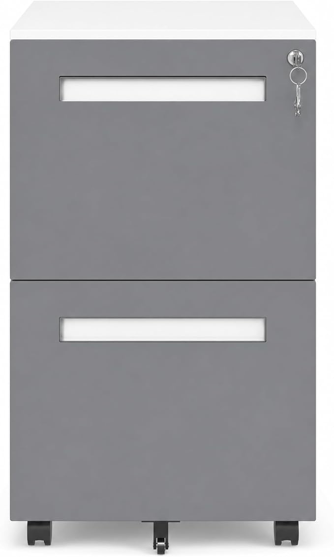 SAWJEC 2 Drawer File Cabinet with Lock, Grey Fully Assembled Rolling Metal Filing Cabinet for Home Office, Fits Letter/Legal/A4, Grey, 18" D x 15" W x 27" H