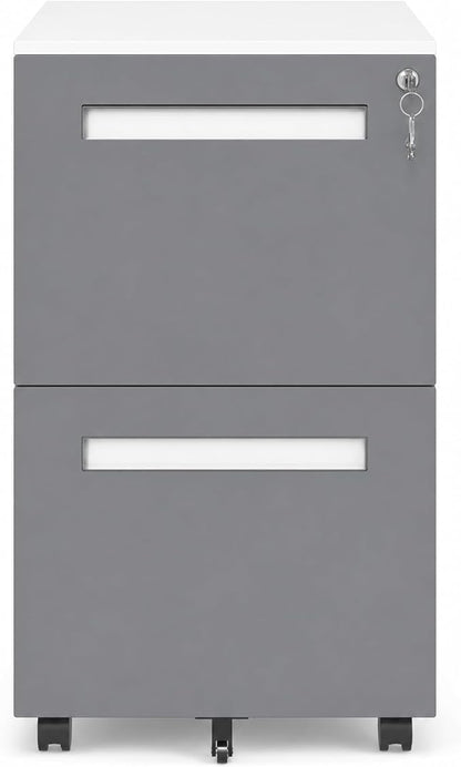 SAWJEC 2 Drawer File Cabinet with Lock, Grey Fully Assembled Rolling Metal Filing Cabinet for Home Office, Fits Letter/Legal/A4, Grey, 18" D x 15" W x 27" H