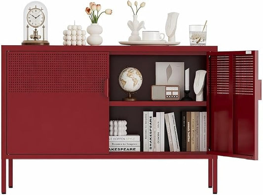 Metal Storage Cabinet,2 Door TV Stand, Metal Mesh Accent Cabinet,Magnetic Door Closure,Low Storage Cabinets with Doors and Shelves