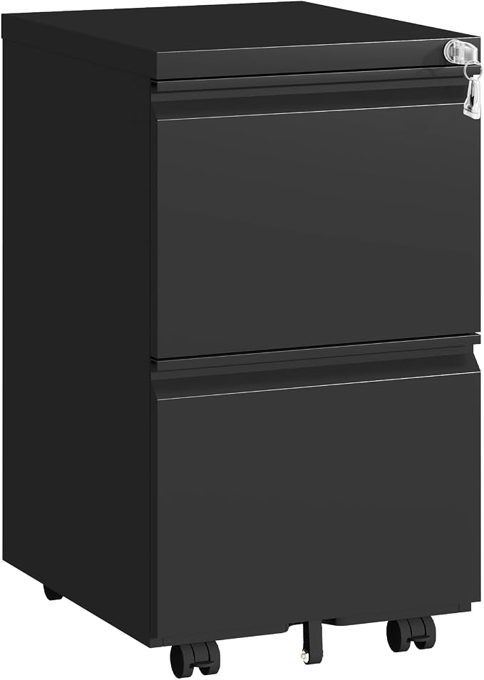 2 Drawer File Cabinet with Lock,Under Desk Filing Cabinet for Home Office Storage Letter/Legal/A4,Mobile Steel Cabinets with Wheels,Fully Assembled,Black