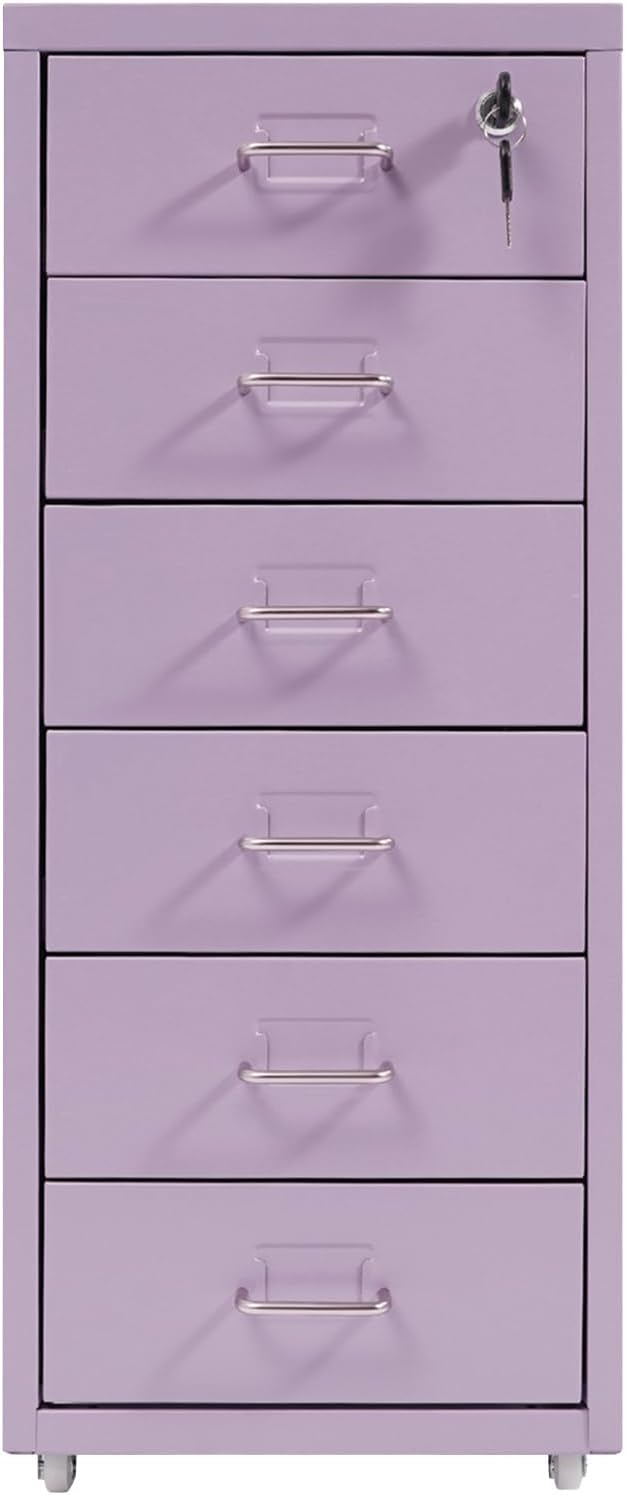 Vertical File Cabinet, 6 Drawers Rolling File Organizer Cabinets with Lock, Heavy Duty Metal Storage Cabinet, Movable Under Desk Filing Cabinet for Office, Study, Dresser (Purple)