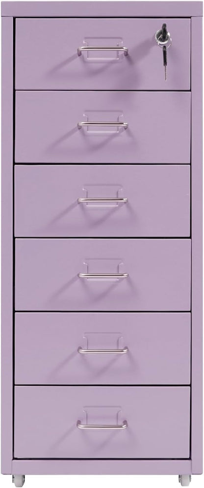 Vertical File Cabinet, 6 Drawers Rolling File Organizer Cabinets with Lock, Heavy Duty Metal Storage Cabinet, Movable Under Desk Filing Cabinet for Office, Study, Dresser (Purple)