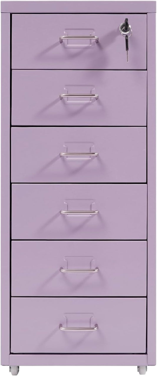 Vertical File Cabinet, 6 Drawers Rolling File Organizer Cabinets with Lock, Heavy Duty Metal Storage Cabinet, Movable Under Desk Filing Cabinet for Office, Study, Dresser (Purple)