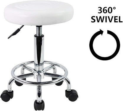 KKTONER PU Leather Modern Round Rolling Stool with Footrest Height Adjustable Spa Drafting Salon Tattoo Work Massage Stools Task Chair Small (White)