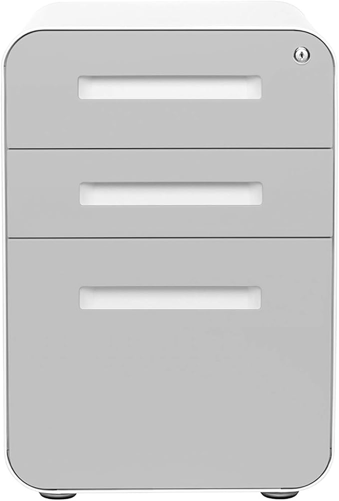 Laura Davidson Furniture Stockpile 3 Drawer File Cabinet with Lock - Under Office Desk Metal Filing Cabinet, Legal/Letter File Folders, Wheels and Stationary Feet, Pre-Assembled, Light Grey Faceplate