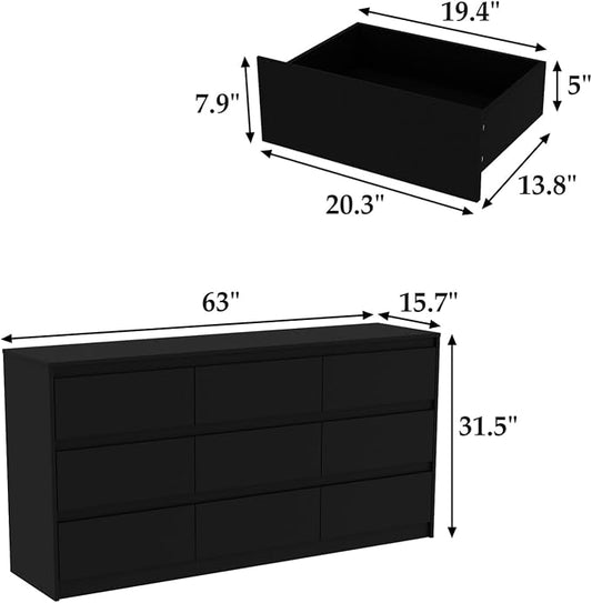 Home Office Cabinet with 9 Storage Units, 63” Lateral File Cabinet with No Handle Drawers, Wide Storage Cabinet, Black, 15.7”D x 63”W x 31.5”H