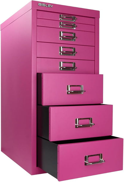 Bisley 8-Drawer Steel MultiDrawer Cabinet - Fuchsia | Chrome Pull Handles with Label Holders, Powder-Coated Steel, Removable Drawers, Fits Under Most Desks, Labels Included