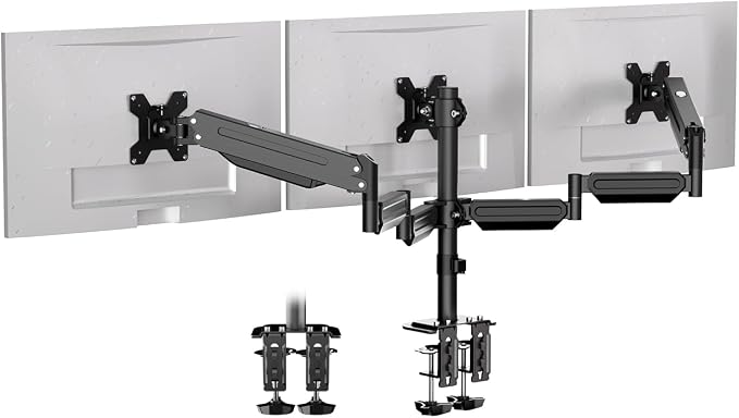 Pholiten Triple Monitor Mount for Desk, 2 Gas Spring Monitor Arms for 17-32 inches Screen, Fully Adjustable Heavy Duty Monitor Mount with Clamp & Grommet Mounting, Each Arm Holds 22 lbs