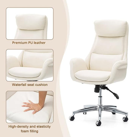 Glitzhome Home High-Back Office Chair Leather Adjustable Swivel Desk Chair with Arms, Cream