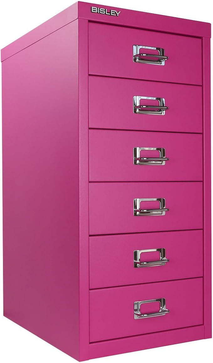 Bisley 6-Drawer Steel MultiDrawer Cabinet - Fuchsia | Chrome Pull Handles with Label Holders, Powder-Coated Steel, Removable Drawers, Fits Under Most Desks, Labels Included