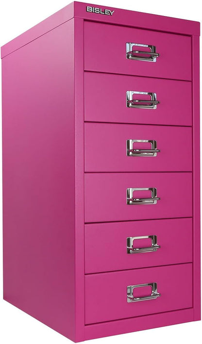 Bisley 6-Drawer Steel MultiDrawer Cabinet - Fuchsia | Chrome Pull Handles with Label Holders, Powder-Coated Steel, Removable Drawers, Fits Under Most Desks, Labels Included