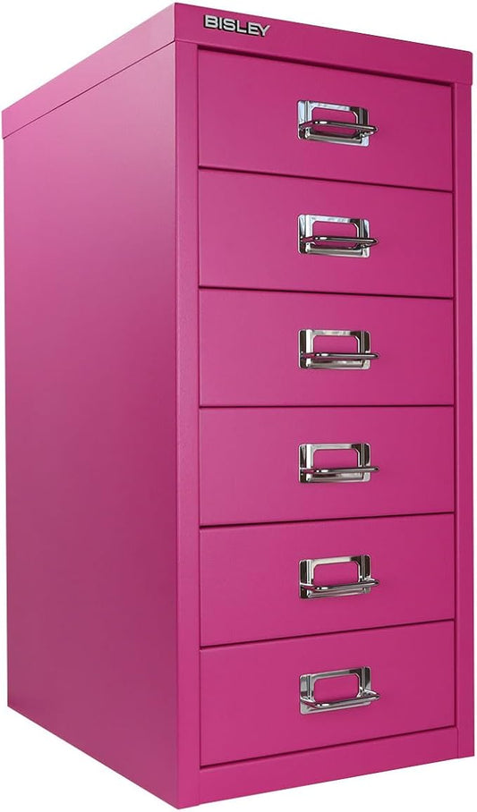 Bisley 6-Drawer Steel MultiDrawer Cabinet - Fuchsia | Chrome Pull Handles with Label Holders, Powder-Coated Steel, Removable Drawers, Fits Under Most Desks, Labels Included