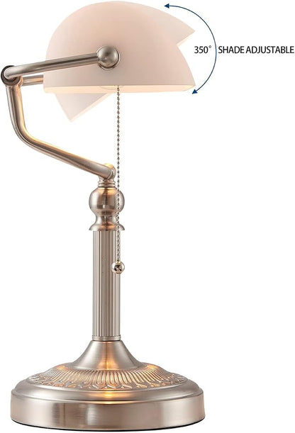 White Matted Glass Bankers Desk Lamp with Pull Chain Switch Plug in Fixture,Sand Nickel Base