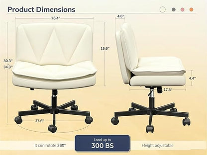 DurayLoly Criss Cross Chair with Wheels, Armless Cross Legged Office Chair with 2 Layer Comfy Leather & Back, 90°-120° Reclining, Wide Vanity Chair for Home Office, Beige