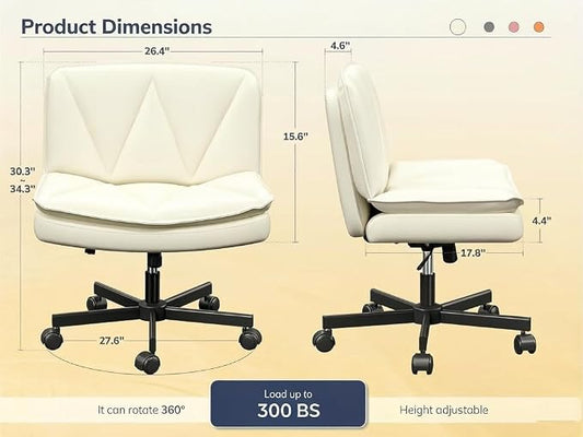 DurayLoly Criss Cross Chair with Wheels, Armless Cross Legged Office Chair with 2 Layer Comfy Leather & Back, 90°-120° Reclining, Wide Vanity Chair for Home Office, Beige