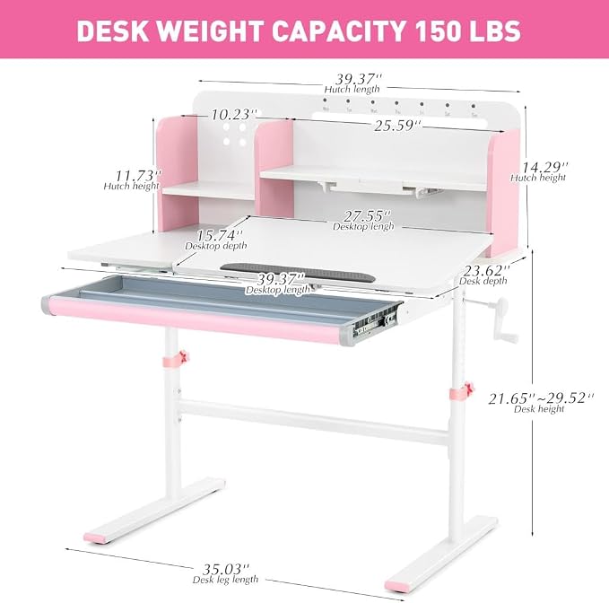 COSVALVE 39in Wide Adjustable Height Kids Desk with Tilting Desktop, Steel Frame, Drawer, and Bookshelf Hutch, Study Child Table for Ages 3-12, Pink