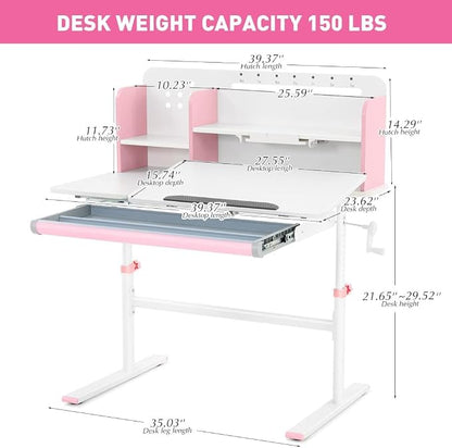 COSVALVE 39in Wide Adjustable Height Kids Desk with Tilting Desktop, Steel Frame, Drawer, and Bookshelf Hutch, Study Child Table for Ages 3-12, Pink