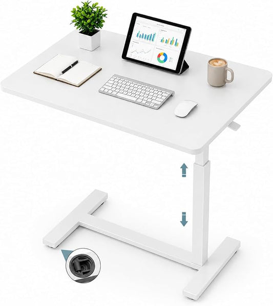 Mobile Small Standing Desk with Hidden Wheels, Portable Rolling Laptop Desk, Rolling Computer Cart Movable, Adjustable Height Computer Workstations, for Home, Office, White
