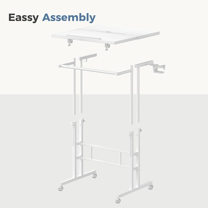 DUMOS Split Top Rolling Standing Desk 23.6 Inch Mobile Laptop Workstation Manual Height Adjustable Sit Stand Office Table Walking Pad Study Surface Portable Home Office Computer Cart White