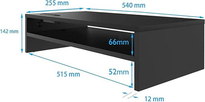 BONTEC Wood Monitor Stand Riser, 2-Tier Desktop Organizer with Storage, Ergonomic Computer Stand for Desk, Cable Management, Cellphone Holder, 21.3 Inch Shelf, Black