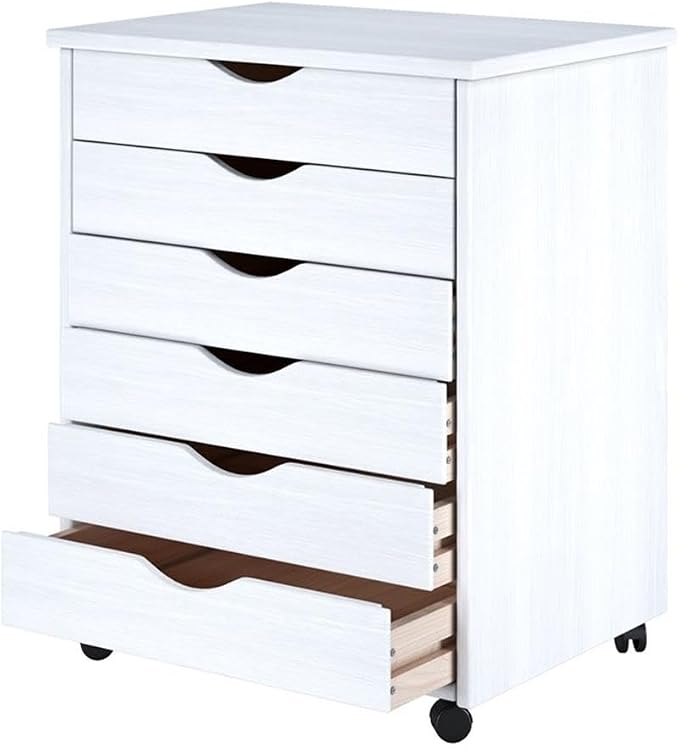 Pemberly Row Modern Solid Wood 6-Drawer Utility Cart, Compact Design, White Finish, L 15.35 x W 20.75 x H 25.43 in, Smooth Casters, Versatile Storage for Home Office, Studio, Craft Room