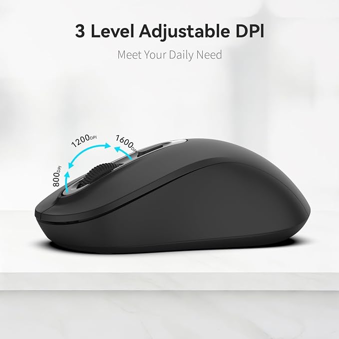 Wireless Mouse, 2026 New Model, Silent Click Ergonomic Design, Portable, 4 Buttons, Adjustable DPI (800/1200/1600), for Laptop/PC/Office (Black)