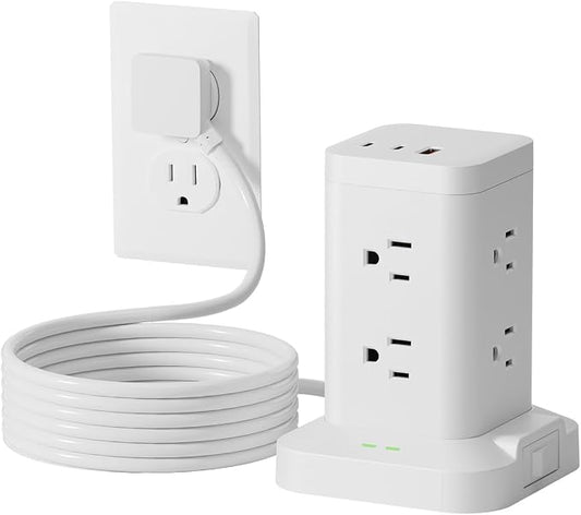 Power Strip Tower with Surge Protector 1800J, Fast Charging Tower PD20W USB-C Ports with 8 AC Outlets, 10ft Extension Cord for Home Office Dorm Room, White
