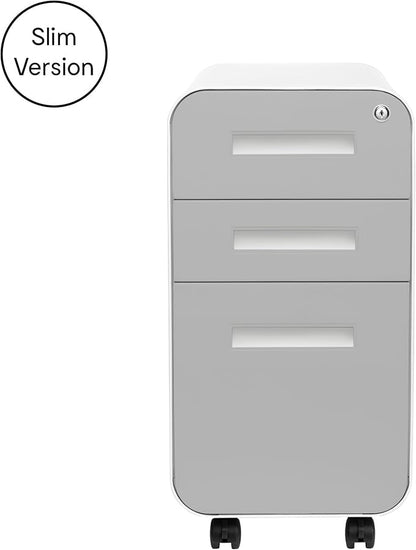 Laura Davidson Furniture Stockpile Slim 3-Drawer Mobile File Cabinet with Lock - Under Desk Metal Filing Cabinet, Legal/Letter File Folders, Wheels & Stationary Feet, Assembled, Light Grey Faceplate