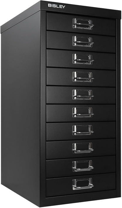 Bisley 10-Drawer Steel MultiDrawer Cabinet - Black | Chrome Pull Handles with Label Holders, Powder-Coated Steel, Removable Drawers, Fits Under Most Desks, Labels Included