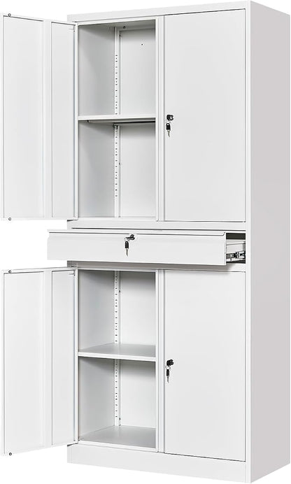 White Metal Storage Cabinet with Lock, 71" Tall Garage Storage Cabinets with Doors and Shelves, Lockable Tool Caninet Steel Locking Cabnets File Caninet for Home Office, Garage, Pantry