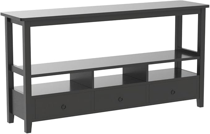 Karl home Console Table with 3 Bottom Drawers, 57.9" W Sofa Side Table Entryway Desk with 3 Storage Cubbies 1 Open Shelf, Vintage TV Stand for Hallway Living Room Office, Black 29.9" H