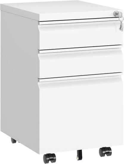 3 Drawer File Cabinet with Lock,Under Desk Filing Cabinet for Home Office Storage Letter/Legal/A4,Mobile Steel Cabinets with Wheels,Fully Assembled,White