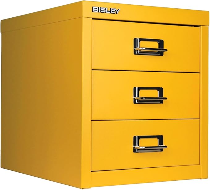 Bisley 3-Drawer Steel MultiDrawer Cabinet - Golden Sunflower Yellow | Chrome Pull Handles with Label Holders, Powder-Coated Steel, Removable Drawers, Desktop Storage, Labels Included