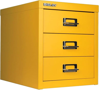 Bisley 3-Drawer Steel MultiDrawer Cabinet - Golden Sunflower Yellow | Chrome Pull Handles with Label Holders, Powder-Coated Steel, Removable Drawers, Desktop Storage, Labels Included