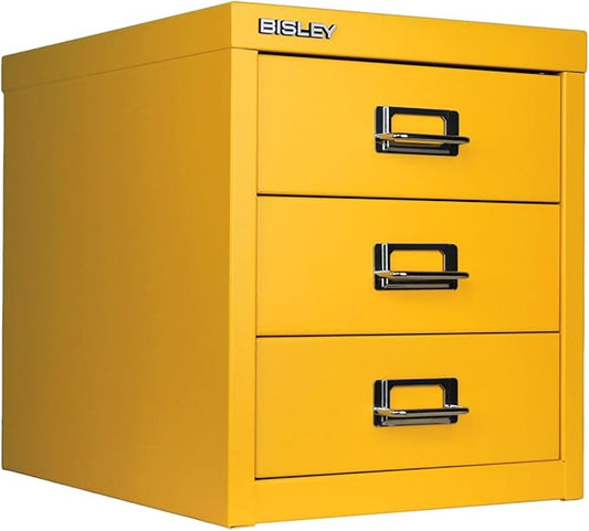 Bisley 3-Drawer Steel MultiDrawer Cabinet - Golden Sunflower Yellow | Chrome Pull Handles with Label Holders, Powder-Coated Steel, Removable Drawers, Desktop Storage, Labels Included