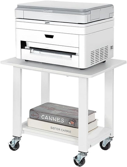 SunnyPoint 2-Tier Mobile Stand with Lockable Wheels — Printer Cart, Mini Fridge Stand, Portable Electronic Device & Projector Holder | Under Desk Storage Shelf for Home & Office, 18.9" x 15.75" (WHT)