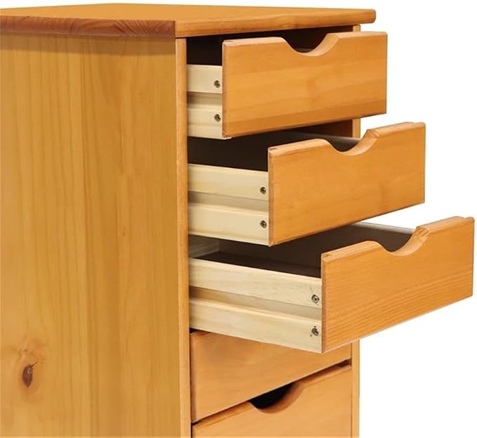 Pemberly Row Modern Solid Wood 6-Drawer Roll Utility Cart, Med Pine Finish, 15.25 x 13.25 x 25.75 in, Compact Mobile Storage with Casters, Removable Drawers, Home Office or Craft Room Organization