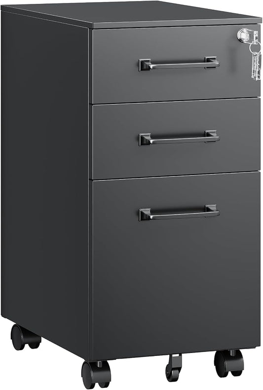 Letaya 3 Drawer Mobile File Cabinet with Lock,Under Desk Metal Filing Cabinets for Home Office Organizer,Small Rolling Printer Stand with Wheels,for Letters/Legal/A4(Assembly Required) (Black)