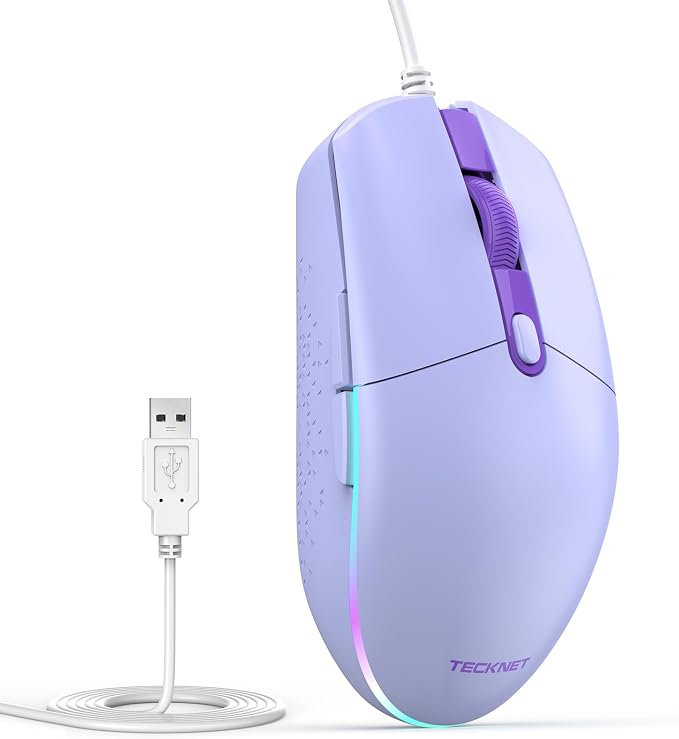 TECKNET Wired Mouse - USB Corded Mouse with RGB Backlit Full Size Optical Silent Mouse with Side Buttons,LED Plug and Play Wired Connection Office Mice for Desktop,PC,Laptop