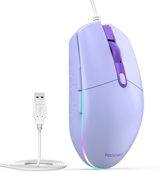 TECKNET Wired Mouse - USB Corded Mouse with RGB Backlit Full Size Optical Silent Mouse with Side Buttons,LED Plug and Play Wired Connection Office Mice for Desktop,PC,Laptop