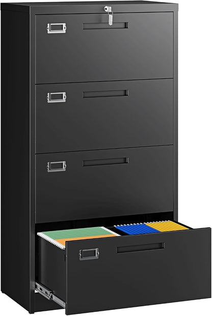Letaya 4 Drawer File Cabinets with Lock,Metal Lateral Filing Storage Cabinet Printer Stand,Black Steel Home Office Cabinet for Hanging Files Letter/Legal/A4 Size (Black, H51.73×W28.35×D15.74)