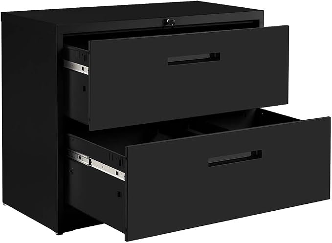 Lateral Filing Cabinet, 2 Drawer Metal Lockable File Cabinet for Commercial Grade Office Legal and Letter File (Black)