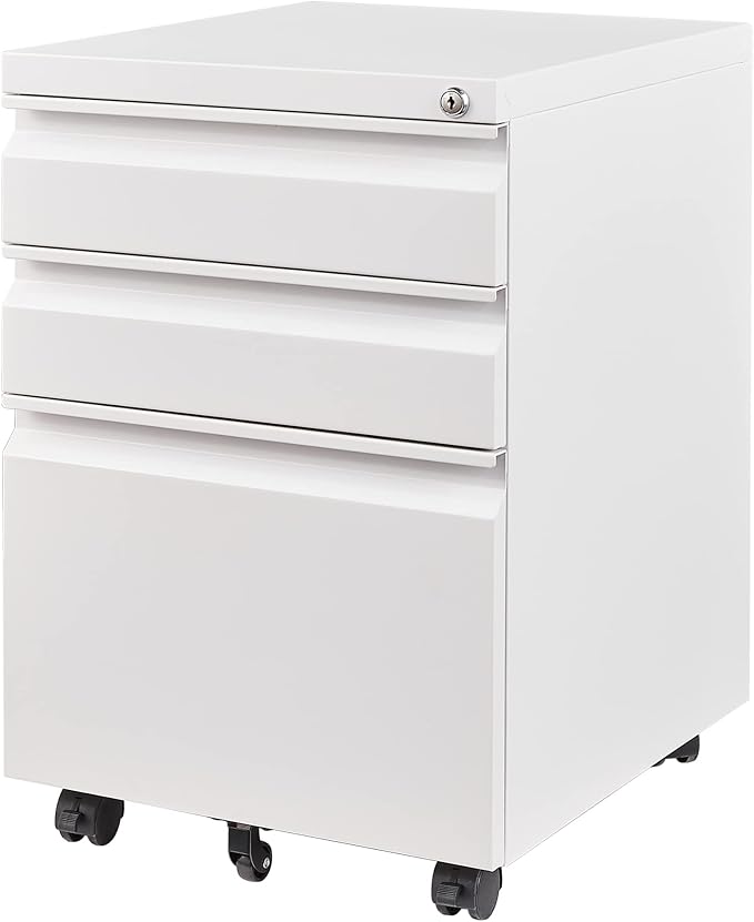 3 Drawer File Cabinet with Lock, Steel Mobile Filing Cabinet on Anti-tilt Wheels, Rolling Locking Office Cabinets Under Desk for Legal/Letter Size (White)